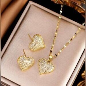 Gold-Color Stainless Steel Jewelry Set Cubic Zirconia Heart Necklace & Earrings